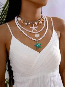 1pc Bohemian Beachy Style Resin White Faux Pearl Starfish Shell Pendant Necklace, Women Holiday Beach Party Gift, Middle East Ramadan Event