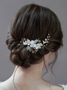 1 件金属花朵和叶子装饰手工白色和雪纺花朵发梳，适合春季婚礼、日常外出等场合 - 金色 - 查看 3