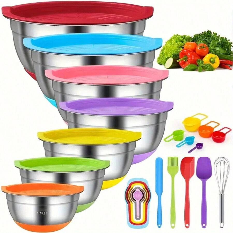 TAIMASI Mixing Bowls With Airtight Lids, 18pcs Stainless Steel Nesting Colorful Mixing Bowls Set Non-Slip Silicone Bottom, Size 7, 5.5, 4, 3.5, 2.5, 2, 1.5 Qt, Fit For Mixing & Serving - 彩色 - 查看 1