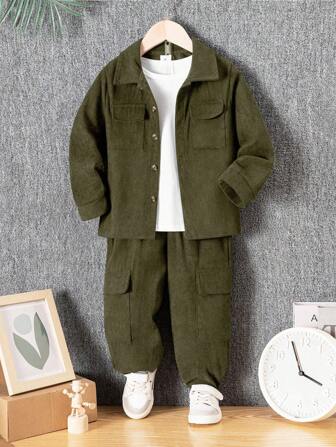 2pcs/Set Young Boy Multi-Pocket Long Sleeve Corduroy Shirt And Flap Pocket Long Pants Outfit, Casual Street Fashion Suit For Daily Gathering, Holiday Travel
