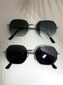 2pcs Men/Women Fashion Geometric Polygon Fashion Glasses, Metal Frame Decoration Outdoor Indoor Street Style Glasses, Black/Gold/Silver/Brown Color, Suitable For All Seasons, Thickened Frame With Ventilation Holes - 1*銀/灰+1*銀/漸綠 - 查看 3