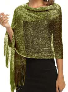 橄榄绿色闪亮金属披肩配圆扣优雅透气流苏围巾女士派对宴会礼服外披肩 - 橄欖綠 - 查看 2