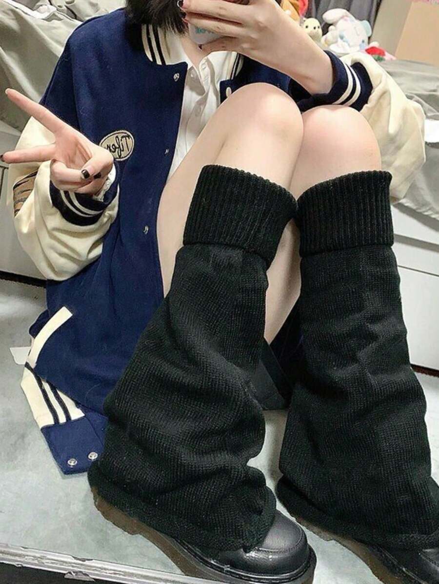 1 Pair Y2K Solid Color Casual Versatile Warm Knitted Leg Warmers - Black - View 1