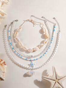 1pc Bohemian Beach Retro Style Resin White Shell Pendant Necklace With Faux Pearl & Beads, Single Layer, Suitable For Activities, Beach Parties & Gatherings, Gift
