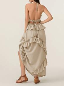 Women Y2K Summer Boho Long Dress Sleeveless Deep V Neck Halter Neck Layered Ruffle Maxi Dress Flowy Swing Beach Dress - Grey - View 7