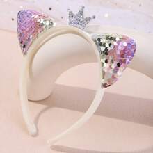 1 件全水晶小皇冠亮片猫耳头带，可爱动物派对涤纶弹力罗纹头带，适合所有季节 - 亮片皇冠貓耳朵髮箍 - 查看 14