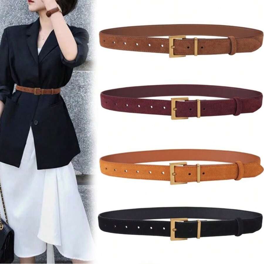 1 Pc Fashion Women Genuine Leather Belt For Jeans Dresses With Alloy Square Pin Buckle Cowhide Suede Stylish Waistband - Multicolor - View 1