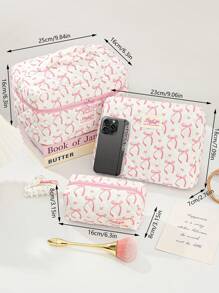 1 Piece Bow&Love Makeup Bag Fashionable Floral Makeup Organizer Set For Home Decor Quilted Rose Design Cosmetic Bag For University Student ,Girl Teenagers,White Collar,Pink Pouch Bag With Bow Zipper Travelling Stuff Storage Bag For Holiday - Multicolor - View 4
