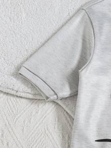 2 件套青少年女孩舒适睡衣套装，圆领可爱猫咪印花短袖波尔卡圆点长裤，舒适家居服套装 - 灰色 - 查看 4