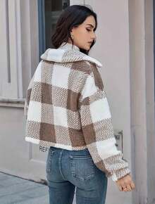 Cazadora Teddy Con Patrón De Cuadros De Hombros Caídos,Cazadora Teddy Con Estampado,Chamarra Para Mujer,Chaqueta ,Abrigo - Café integral - Ver 2