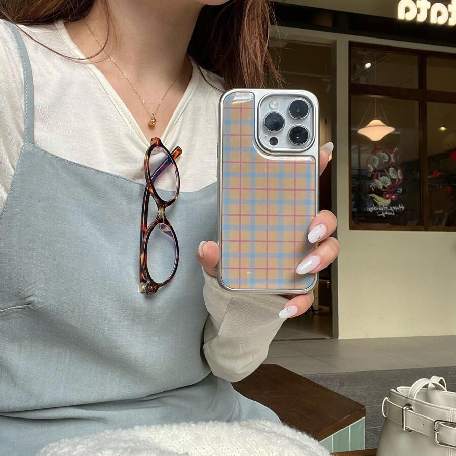 Grid Silver Frame Yellow Plaid Pattern Phone Case Compatible With Apple IPhone 16 Pro Max / 15 Pro Max / 14 Pro / 13 - Orange - View 1