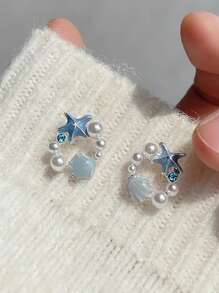 1 对女士海星贝壳仿珍珠耳环，设计精美，适合夏季海滩度假女士耳环，适合女性在日常生活、海滩派对、度假等场合佩戴 - 彩色 - 查看 5