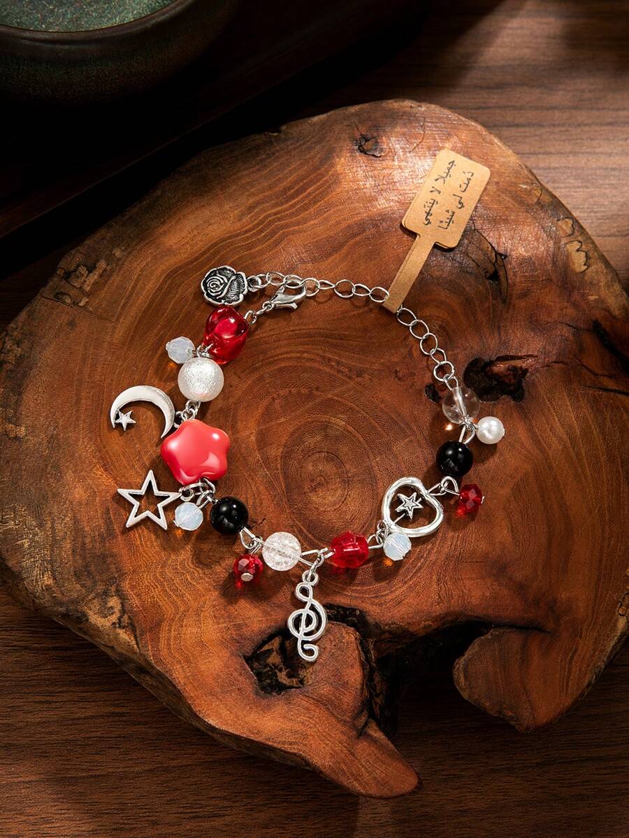 1 件合金星星月亮花朵心形吊饰弹性人造水晶心形弹性磁铁情侣手链带祝福卡