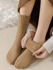 1 双女士厚羊毛袜，保暖内衬中筒袜，适合雪地、居家、产后、睡眠、地板室内穿着、秋冬季 - 彩色 - 查看 2