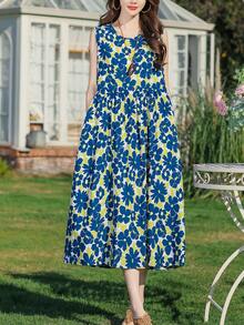 夏季新款女士休闲印花优雅中长连衣裙 - 藍色 - 查看 5