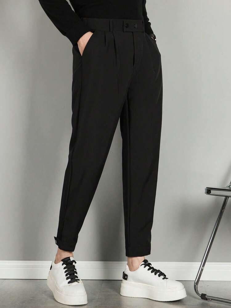 男士冰丝感宽松直筒修身踝长纯色正装长裤，飘逸感 - 黑色 - 查看 5