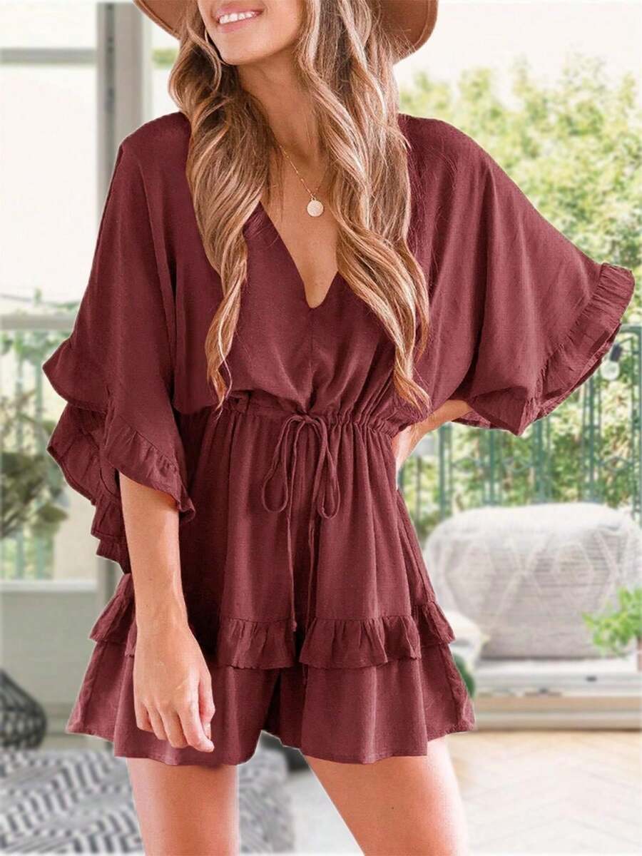 Womens V Neck Beach Romper Ruffle Layered Drawstring Waist Shorts Jumpsuit - 豆沙紅色 - 查看 1