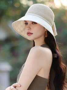 1pc Elegant Bowknot Decor Ladies Summer Bucket Hat, Breathable, Comfort, Wide Brim Sun Protection, Retro Lady Style, Foldable, Suitable For Everyday, Friend Gathering, Beach, Travel, Mother's Day Gift - A - View 6