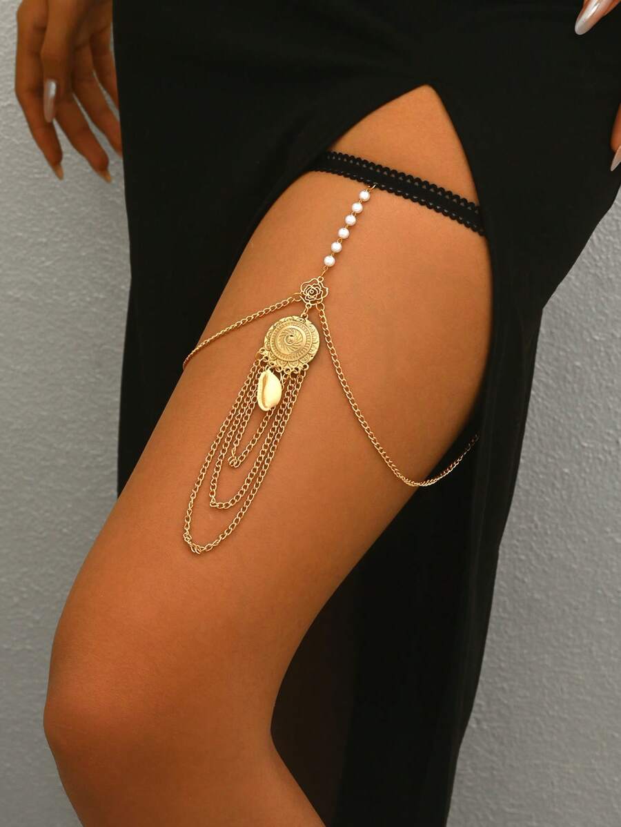 1pc Fashionable Faux Pearl & Shell Flower Tassel Alloy Leg Chain Bracelet, Suitable For Summer Beach, Banquet