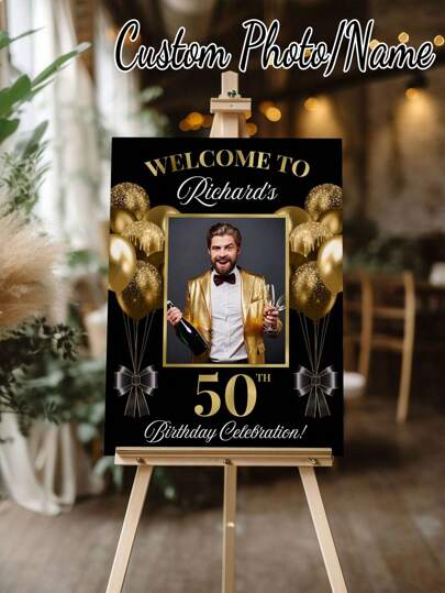 1 pieza - Póster de cumpleaños personalizado con estilo negro y dorado, cartel de bienvenida de cumpleaños personalizado con foto, póster de lienzo sin marco personalizado - Arte de pared personalizado con tu foto, decoración de pared, decoración del hogar bellamente decorada, cartel de celebración de cumpleaños, cualquier edad, impresión de póster moderno, decoración de póster al aire libre con estilo, decoración del hogar con estilo, regálale un regalo único, ambiente cálido, renovación otoñal del hogar, decoración navideña, armonía del hogar