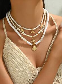 3pcs Bohemian Beach Vacation Style Starfish, Shell, Fish Tail Random Soft Clay & Rice Bead Multilayer Necklace For Women (Avoid Contact With Water) - White - View 2