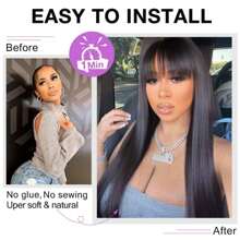 Natural Black Striaight Human Hair Wig With Bangs Human Hair 4x4 Closure Wig With Bangs Straight Glueless Long Wig With Bangs Lace Closure Wigs For Women Virgin Brazilian Human Hair Natural Black - Natural Black - 查看 7