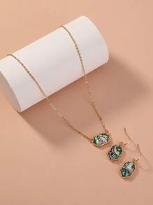 3pcs/Set Women Rhombus Pendant Necklace And Earrings, Suitable For Birthday Wear - Yellow Gold - View 5