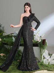 Teen Girl One Shoulder Sequin Side Draped Mermaid Party Dress
