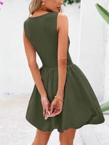 Women's Summer Dress Casual Sleeveless Vest Cute Mini Skirt Round Neck Bubble Skirt Pocket - xanh quân đội - Xem 2
