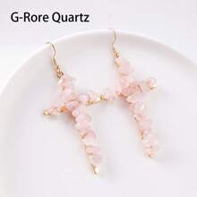 1Pair Natural Crystal Gravel Stone Cross Amethyst Eardrop Earrings Pink Crystal Reiki Eardrop Women Party Wedding Jewelry - Crushed Stone Cross Earrings - View 11