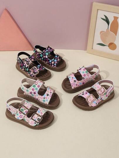 1 双花卉图案婴儿夏季凉鞋，时尚钩环扣平底运动凉鞋