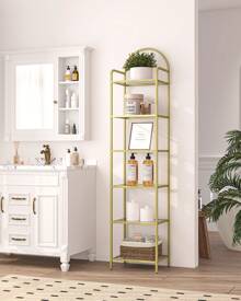 HEXCELEN Bookcase Bookshelf, Tempered Glass Bookshelves, Slim Shelving Unit For Bedroom, Bathroom, Home Office, Steel Frame, Home Decor, 4 Tier,5 Tier, 6 Tier Gold - 金色 - 查看 4