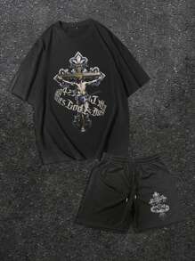 Amerikaanse oversized kruisprint casual dagelijkse slijtage korte mouwen ronde hals T-shirt en trekkoord taille shorts set voor mannen in de zomer