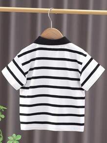 M.Dian xi 2pcs/Set Boys' Striped Short Sleeve Polo Collar T-Shirt, New Summer Tops - Black and White - View 2