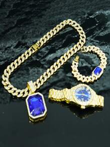 1 Set Ruby Alloy Pendant, Ruby Bracelet, Red Watch, Men's Personalized Necklace Set, Elegant Gift Set For Men - Gemstone Pendant Necklace Set - View 44