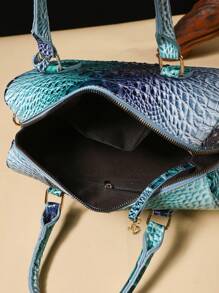 Luxury Crocodile Pattern Handbag, Retro Genuine Purse, Women's Classic Boston Bag & Shoulder Bag - 10#藍色+深藍 - 查看 5