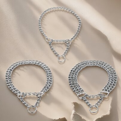 AKAPET Stainless Steel Dog Leash Collar With One, Two, And Three Rows- Adjustable Walking Collar For Large, Medium, And Small Dogs - Chew Proof And Durable Cuban Link Design - For Everyday Walks And Training - Perfect Gift For Dog Owners