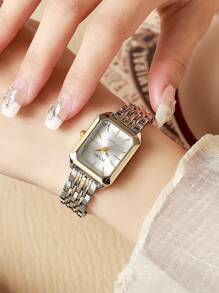 1pc Women's Fashion Alloy Steel Band Wrist Watch With Decorative Rectangular Dial, Minimalist Design Suitable For Daily Wear - Black - View 1