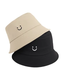 2pcs Women Smiling Face Embroidery Versatile Bucket Hats, Adjustable Festival Couples Casual Sports Hat For Cycling, Sightseeing, Travel, Streetwear, Party