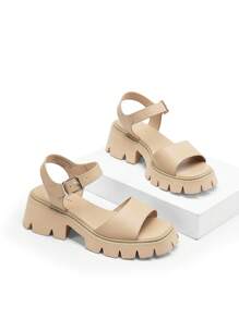 Women's Lug Sole Low Platform Summer Sandals, Stylish Open Toe Chunky Block Ankle Straps Heels Sandals For Summer/Spring - Màu be - Xem 5