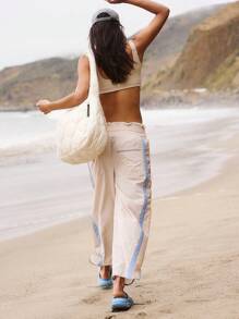 Womens Drawstring Sweatpants Side Striped Elastic Waistband Casual Pull On Long Pants - Beige - View 4