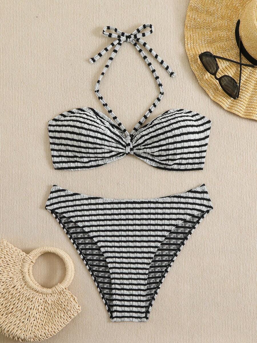 Plus Size Summer Black & White Stripe Halter Tankini Swimwear Set - Black and White - View 1