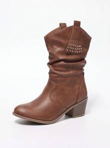 Brown Fringe Rivets Pleated Slip-On Round Toe Chunky Heel Casual Versatile Riding Boots, Commuter Style For Women, Autumn/Winter - Brown - View 5