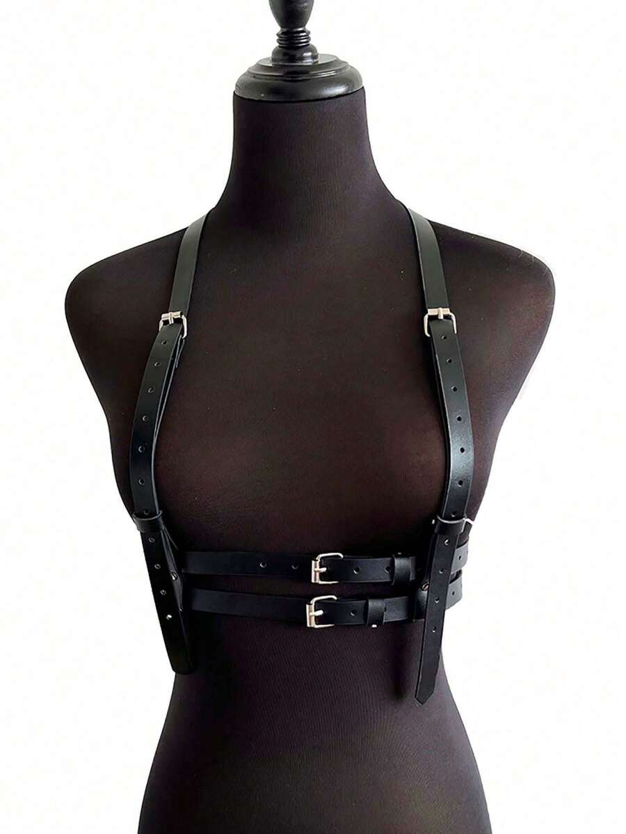 1 件女式可调节 PU 皮革哥特式吊袜带，摇滚狂欢节服装 - 黑色 - 查看 1