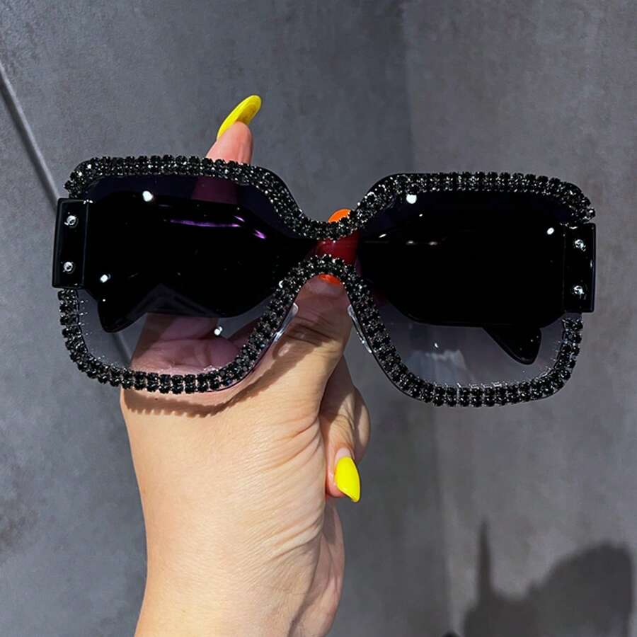 1pc Women Oversized Square Frame Rhinestone Fashion Glasses For Summer Beach Vacation, Outdoor, Travel - Gray Frame Gray Chain - View 1