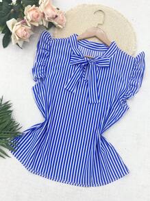 olinka modas Olinka Fashion Tank Top With Ruffle Sleeves And Tie Front - 寶藍色 - 查看 3