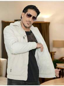 Men's Twill Jacket Coat With Hood And Pockets Lined - 米色 - 查看 2
