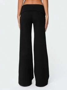 Women Fold Over Yoga Pants Low Rise Solid Color Stretch Casual Straight Wide Leg Palazzo Pants Loose Fit Comfy Flared Leggings Gym Lounge Pants Bootcut Bell Bottoms Baggy Sweatpants Teen Girl Back To School Bottoms Y2k Streetwear - 黑色 - 查看 2