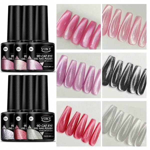 6pcs/Set Crystal Cat Eye Magnetic Gel Polish Set, Glossy Bright Color UV Gel Enamel Polish Beautiful Crystal Cat Eye Gel