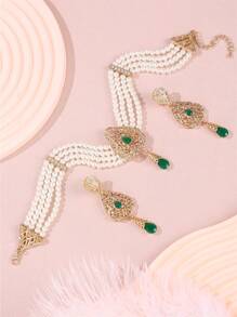 1 Set Handmade Palace Style Metal Hollow-Carved Rhinestone Inlaid Beaded Necklace With Matching Metal Earrings Jewelry Set, Suitable For Women Wedding, Party, Festival, Gift - Jewelry Sets - View 4